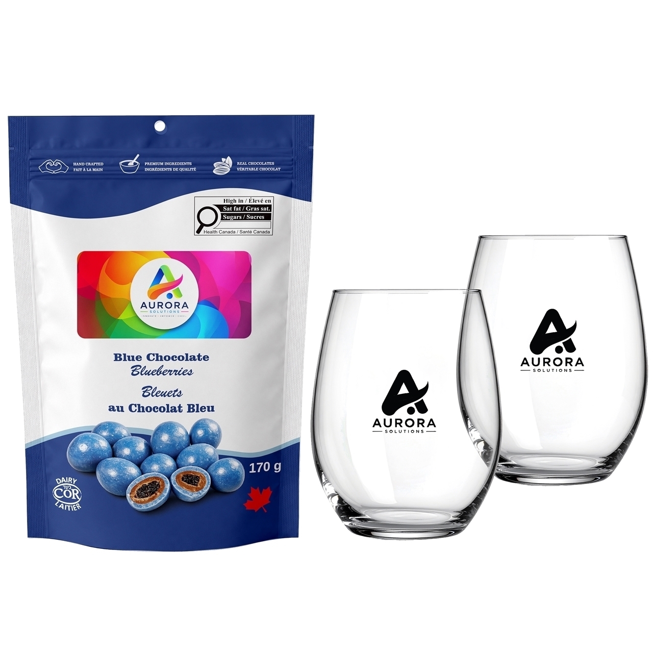 Picture of Blossom Stemless Glass Set with Blue Chocolate Blueberries